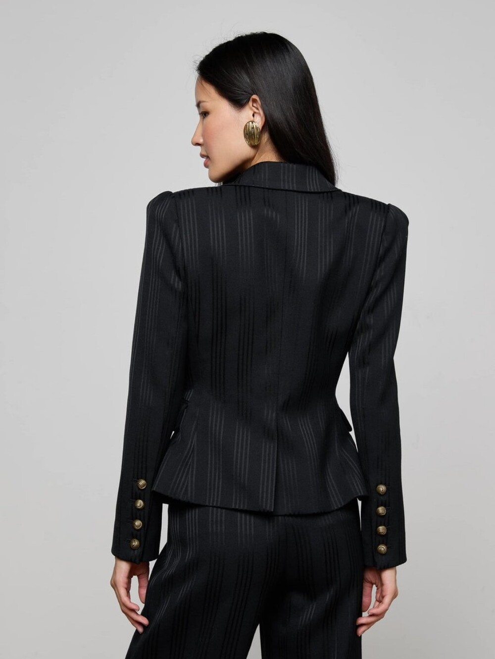 L'Agence Kaisley Faux Fur Collar Blazer Black Shadow Stripe - Picture 6 of 9